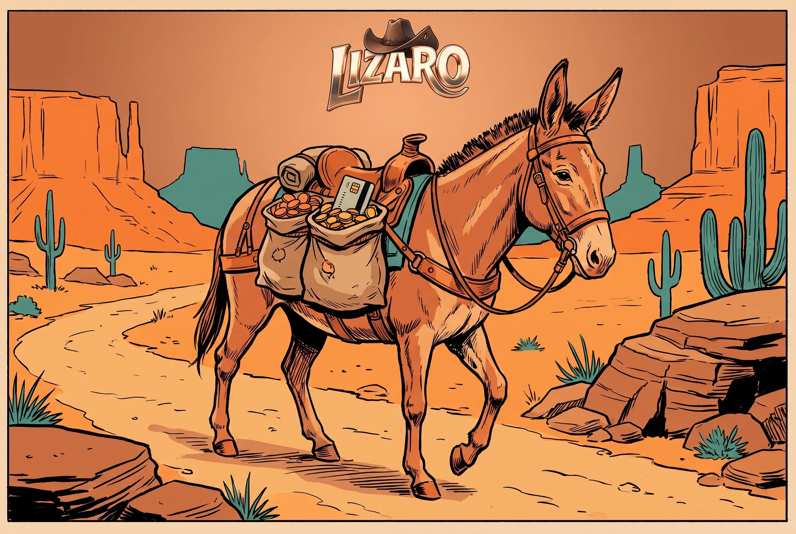Złote monety i karta płatnicza w komiksowej scenerii Lizaro Gold Rush