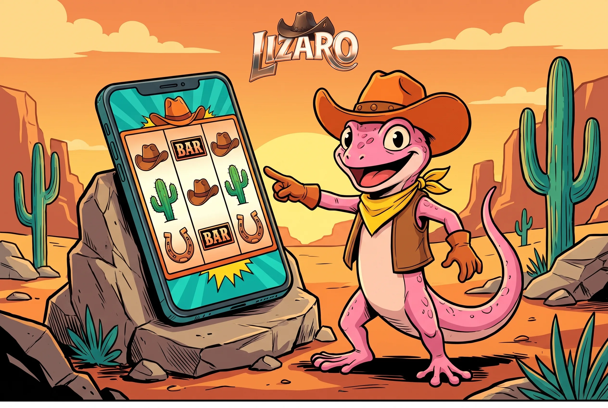 Telefon z automatami Lizaro Casino i jaszczurka kowboj